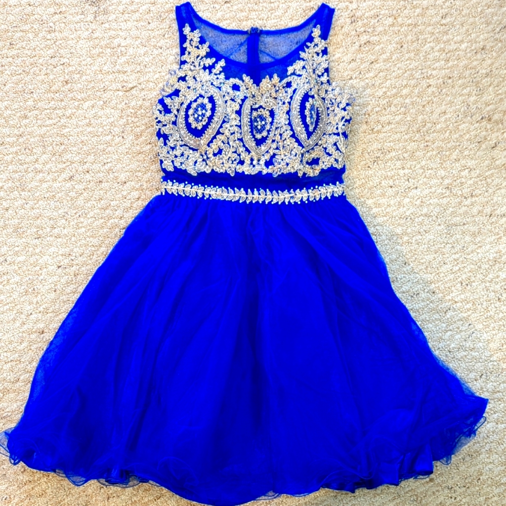 May Queen Couture 6 Blue Gold Sequien Embroidered Short Prom Dress Homecoming